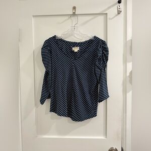 Maeve (Anthropologie) navy blue + white stripe v neck w/ quarter sleeves